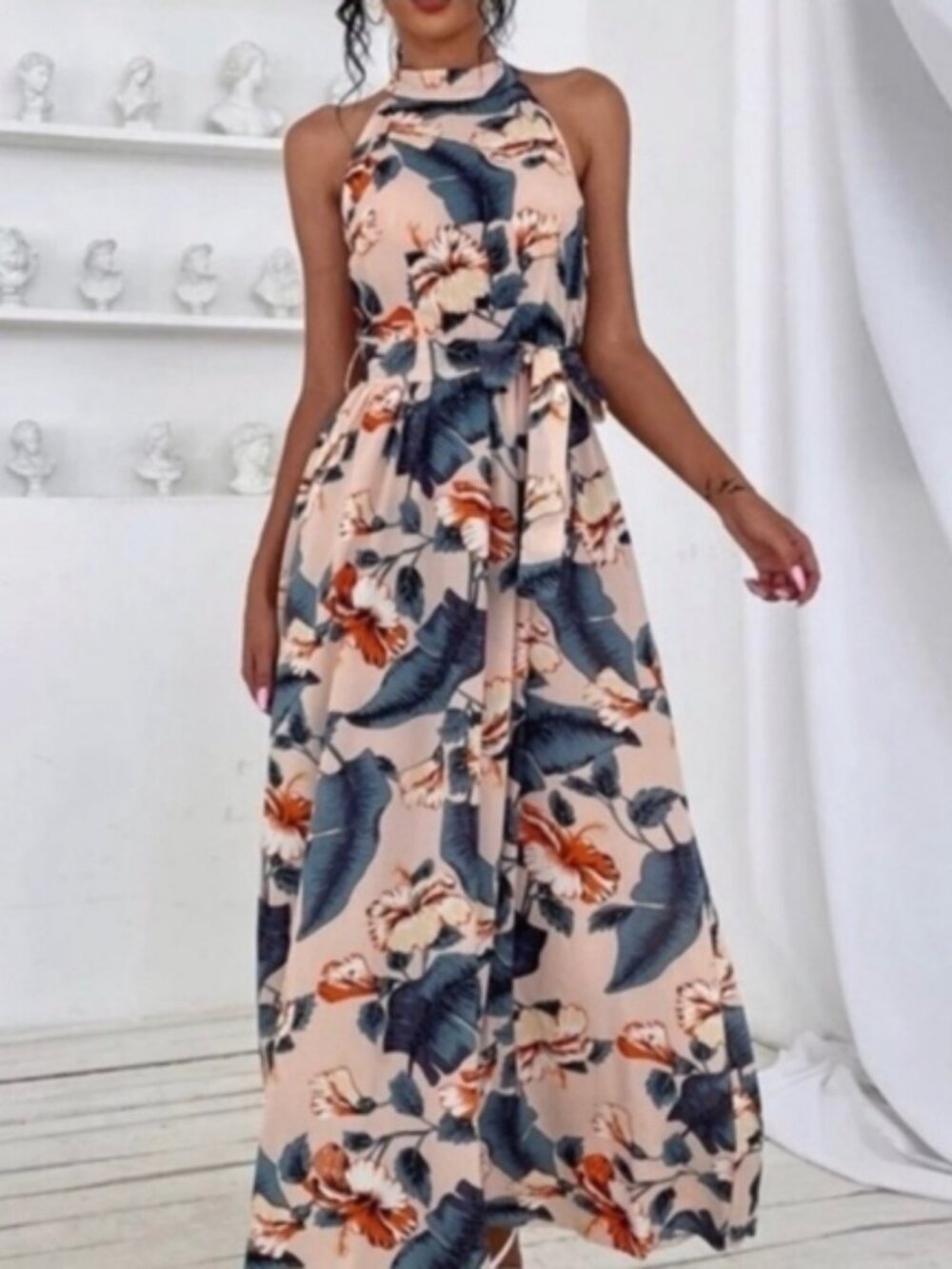 Dress. Peachy Cream/Multi Color Tropical Floral Print Maxi Length Sizes XS and S - Picture 2 of 4